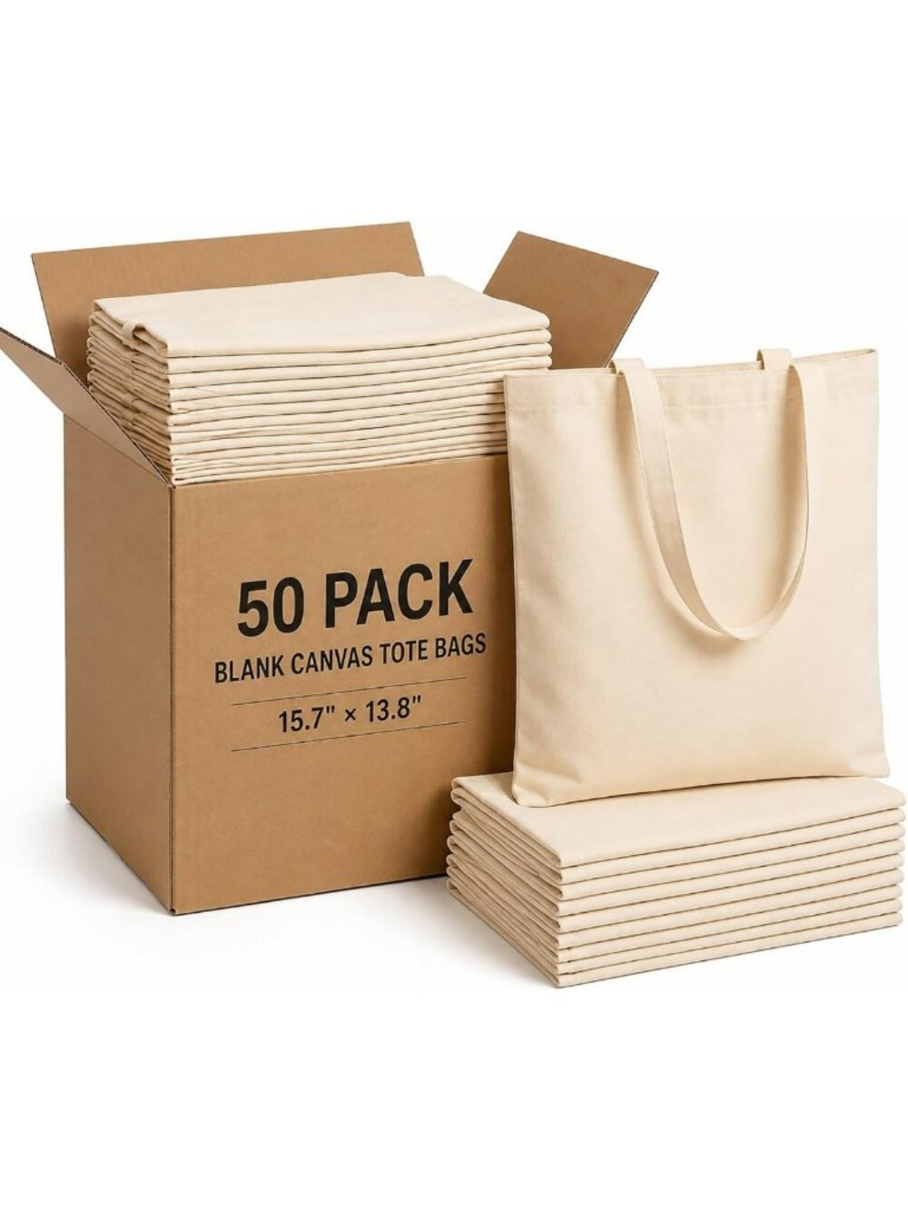 50 Pack Reusable Blank Canvas Tote Bags - 10oz Natural Beige, Eco-Friendly Bulk